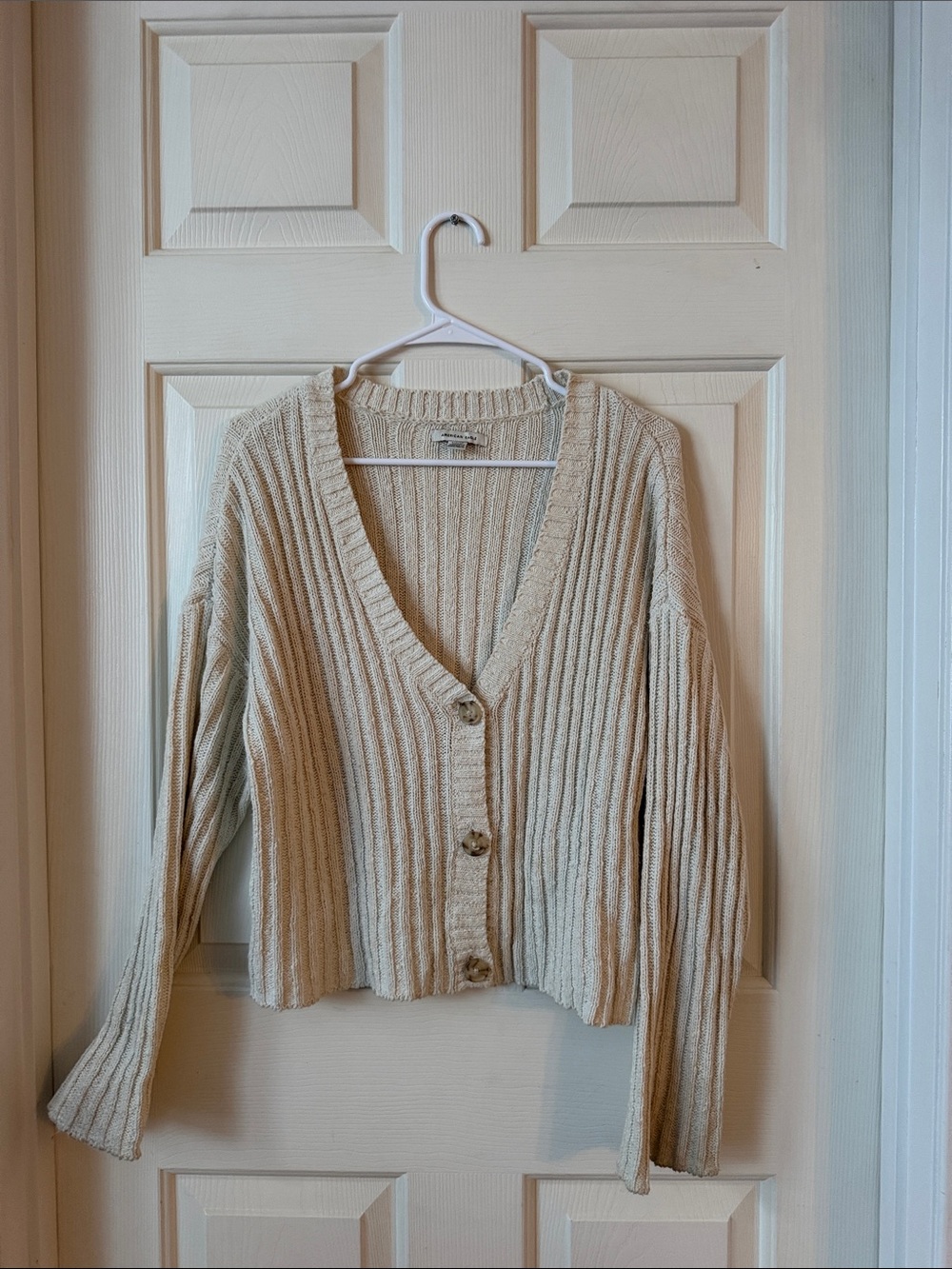 American Eagle Outfitters Ribbed V-Neck Button Cardigan - Cream